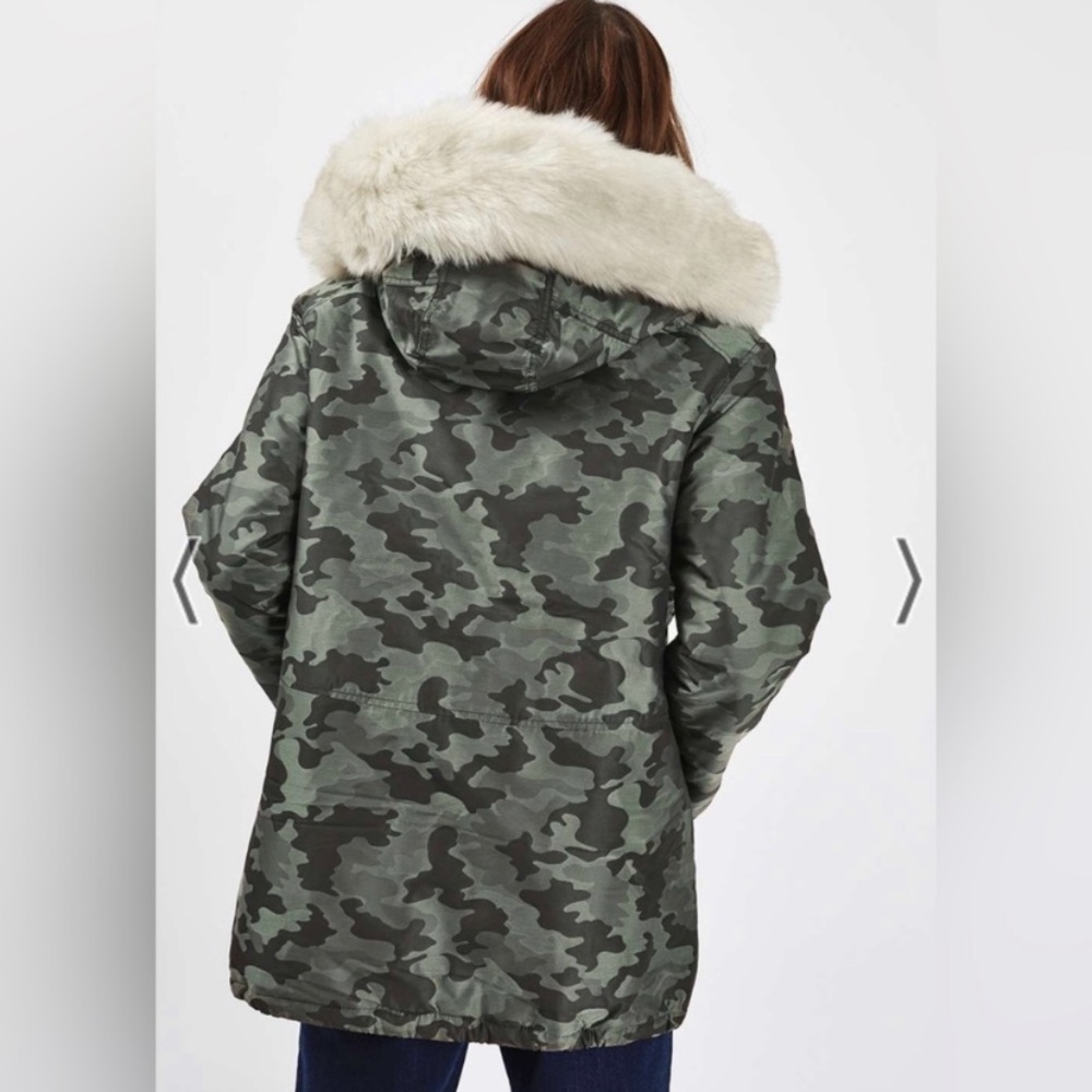 TOPSHOP Jacket Metallic Camouflage Park Size 8 Faux Fur Hoodie